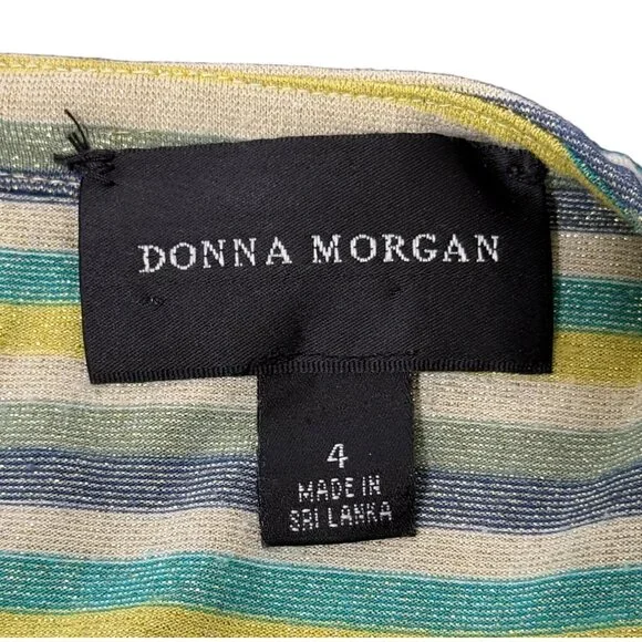 Donna Morgan Dress Short Sleeve Striped Metallic Green Yellow Elastic Waist Sz 4 - Picture 4 of 9